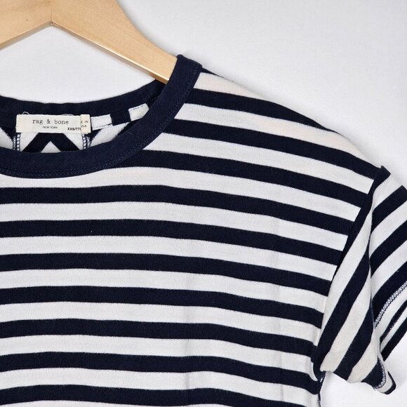 Rag & Bone Striped Stretch Split-Back Crewneck Tee-Shirt Top White Navy Size XXS - Picture 11 of 12